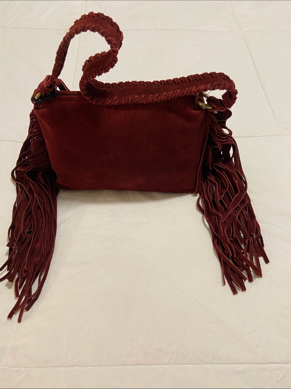 Suede Fringe Shoulder Bag in Deep Red/ Wine Color